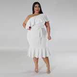 Plus Size Fashion Ruffle One Shoulder Tie Waist Midi Dress