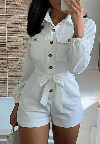 White Woven Turndown Collar Long Sleeve Button Rompers