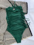 Green Sexy Ruched Lace Up One-Piece Swimwear