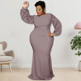 Plus Size Women's Long Sleeve Sequin Patchwork Maxi Dress