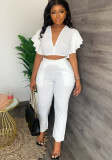 Solid V-Neck Ruffle Crop Top and Straight Pants Casual 2PCS Set