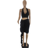 Stylish Sexy Solid Halter Crop Tops + Ruched Tie Skirt 2PCS Set