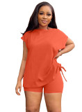 Summer Solid Drawstring Ruched Top and Shorts 2-Piece Set