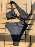 Sexy Black Slash Shoulder Cutout O-ring Bikini One-Piece Swimwear