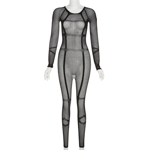 Sexy Mesh See-Through Hollow Tight Fitting Jumpsuit