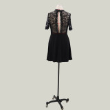 Black Round Neck Short Sleeve Lace Patchwork Short Dress