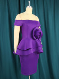 Off Shoulder Purple 3D Flowers Peplum Dress Fake Two-Piece Dress