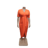 Plus Size Solid Short Sleeve Long Slit Irregular Dress