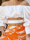 Sexy Long Sleeve White Crop Top Cascading Pants 2PCS Set