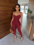 Solid V-Neck Ribbed Sexy Cami Tight Jumpsuit