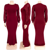 Plus Size Women's Long Sleeve Sequin Patchwork Maxi Dress