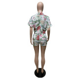 Tropical Print Two-Piece Short Sleeve Tie Front Top + Shorts Set
