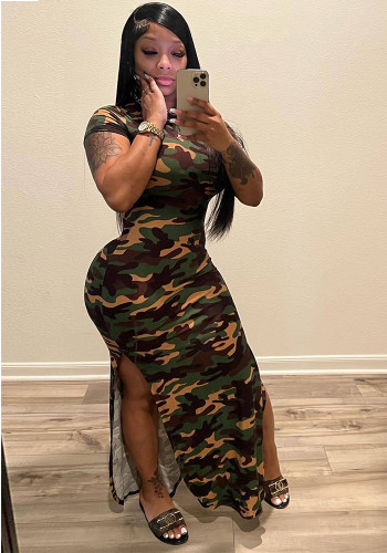 Camo Print Slit Short Sleeve Maxi Dress