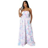 Women Print Casual Strapless High Waist Wide Leg Jumpsuit