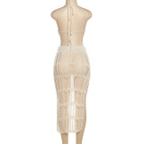 Fashion Knitting Beach Dress Halter Tie Crop Top High Waist Slit Maxi Skirt Set