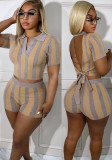 Trendy Ribbed Striped Sexy Open Back Short Sleeve 2-Piece Shorts Set
