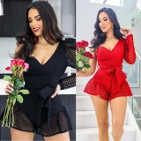 Sexy One Shoulder Long Sleeve Ruffle Mesh Playsuit