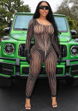 Square Neck Print Long Sleeve See Through Mesh Bodycon Jumpsuit