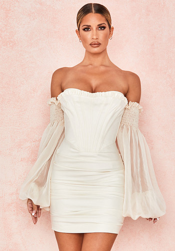 Sexy White Balloon Sleeve Ruffle Off Shoulder Bodycon Dress