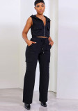 Solid Zipper Hooded Sleeveless Top + Pockets Pants 2pcs Set