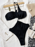 Black Sexy Ribbed Asymmetric One-Piece Bikini Swimwear