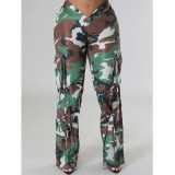 Camo Pattern Print Ruched Strings Casual Pants