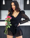 Sexy One Shoulder Long Sleeve Ruffle Mesh Playsuit