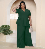 Plus Size Solid V-Neck Short Sleeve Side Lace-Up Two-Piece Set