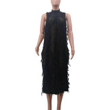 Ladies Fashion Knitting Tassel Midi Dress