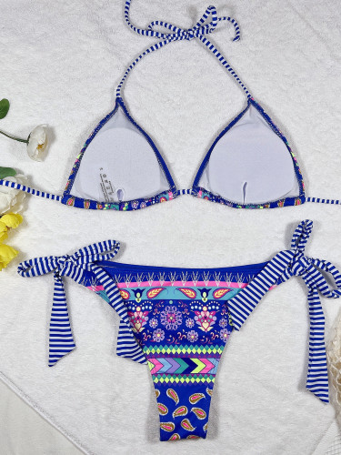Sexy Retro Floral Print Triangle Tie Sides Bikini Set