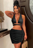 Sexy Solid Cross Back Crop Top Ruched Mini Skirt Two Piece Set