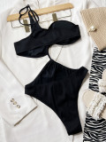 Black Sexy Ribbed Asymmetric One-Piece Bikini Swimwear