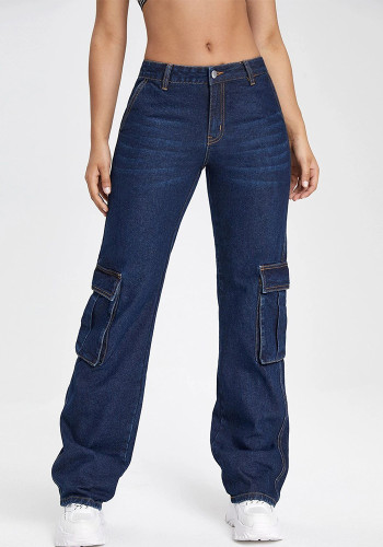 Trendy Jeans Pockets Cargo Denim Straight Leg Jeans