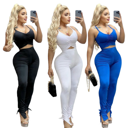 Sexy Solid Cami Crop Top and Slit Bottom Pants Two-Piece Set