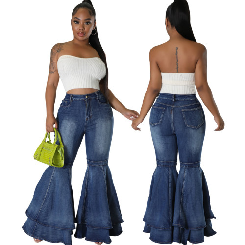 Fashion Layered Flare Denim Pants Strechy Womens Jeans