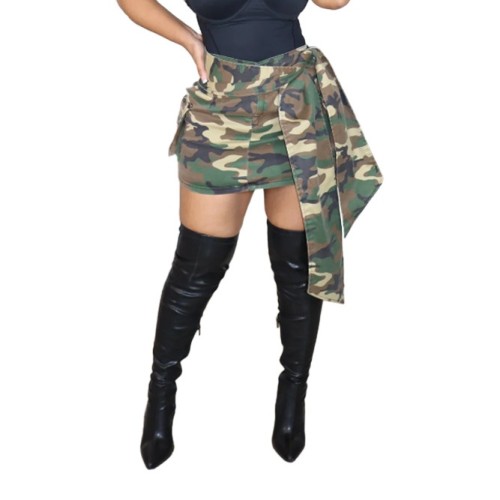 Ladies Fashion Camo Print Pocket Skirt with Belt