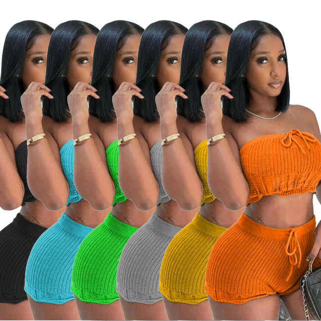 Sexy Beach Two Pieces Knitting Strapless Tube Top and Shorts