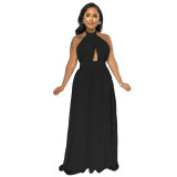 Sexy Halter Backless Pure Color Chiffon Pleated Maxi Dress