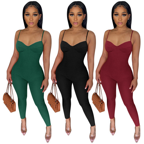 Solid V-Neck Ribbed Sexy Cami Tight Jumpsuit