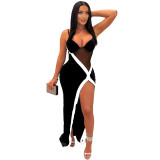 Sexy Mesh Patchwork Cami Contrast Slit Maxi Dress