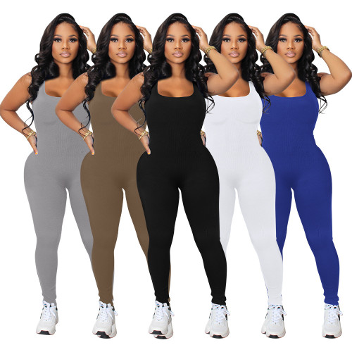 Sexy Lace Up Back Ribbed Sports Tight Jumpsuit
