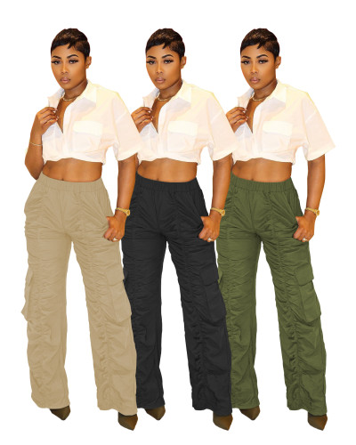 Solid Ruched Pockets Casual Cargo Pants