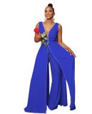Sexy Solid Color Deep-V Sleeveless Slit Overlay Jumpsuit