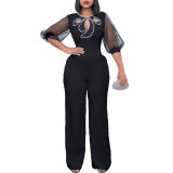 Formal Short Sleeve Puff Sleeve Beaded Cutout Wide Leg Jumpsuit