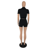 Casual Zipper Short Sleeve Crop Top High Waist Shorts 2PCS Set