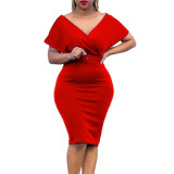 Solid V Neck Stretch Bodycon Career Dress with Belt