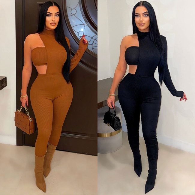 Sexy Ribbed Two Piece Set Tube Top and Irregular One Shoulder Jumpsuit