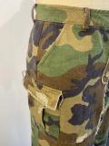 Trendy Camo Print Pocket Ripped Slit Skirt