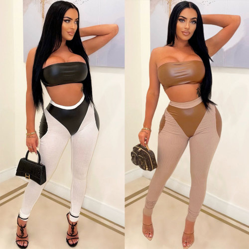 Sexy Colorblock Tube Top and PU Leather Pants Two-Piece Set