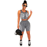 Casual Sports Two-Piece Set Striped Print Cropped Tank Top + Shorts